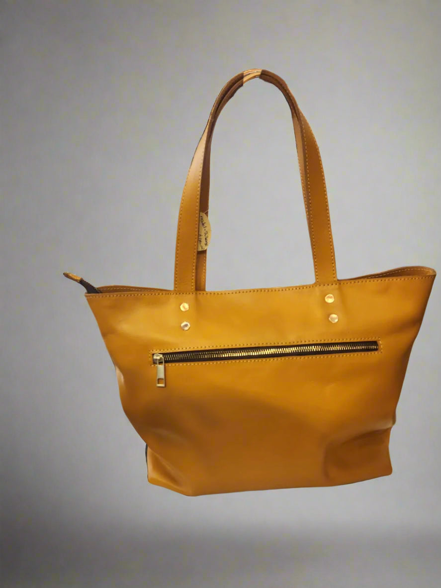 Ladies Handbag – Vibrant Yellow Leather Tote with Gold Details and Back Zipper
